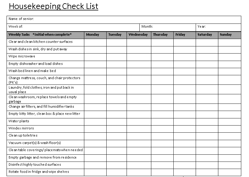 Nursing Home Housekeeping Checklist Template